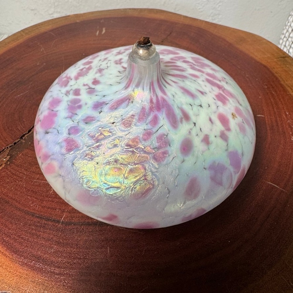 Art Glass Oil Lamp Iridescent Pink White Speckled Hand Blown Round Vessel